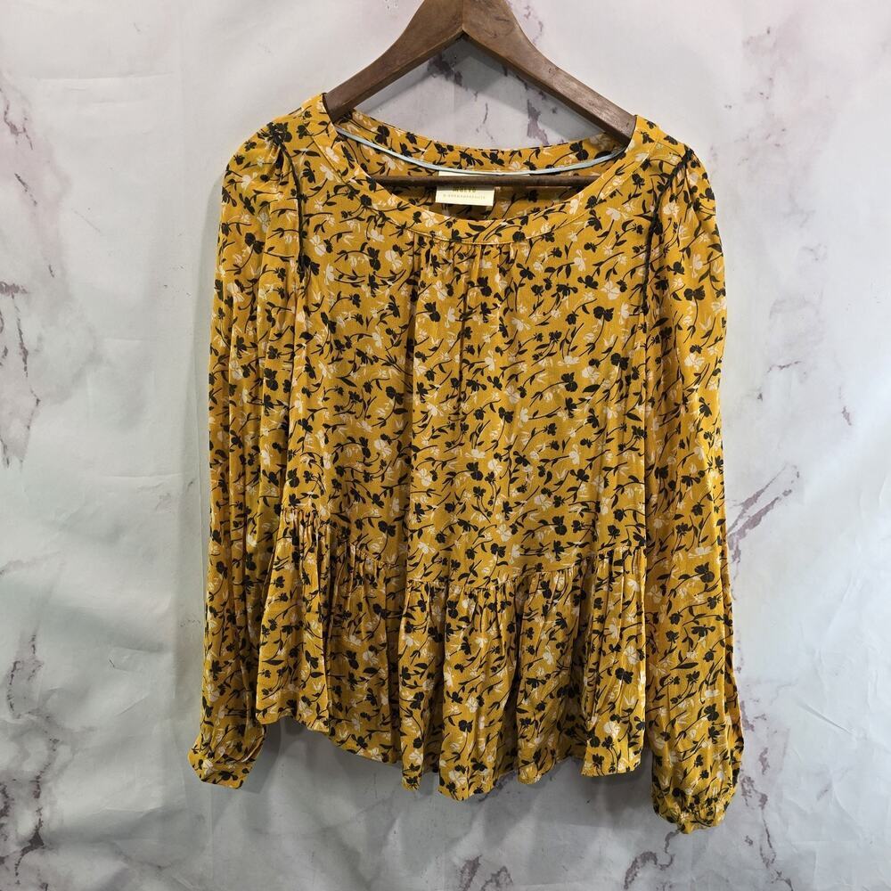 Anthropologie Shirt Womens XS Yellow Maeve Floral Blouse Peasant Boho Goldenrod